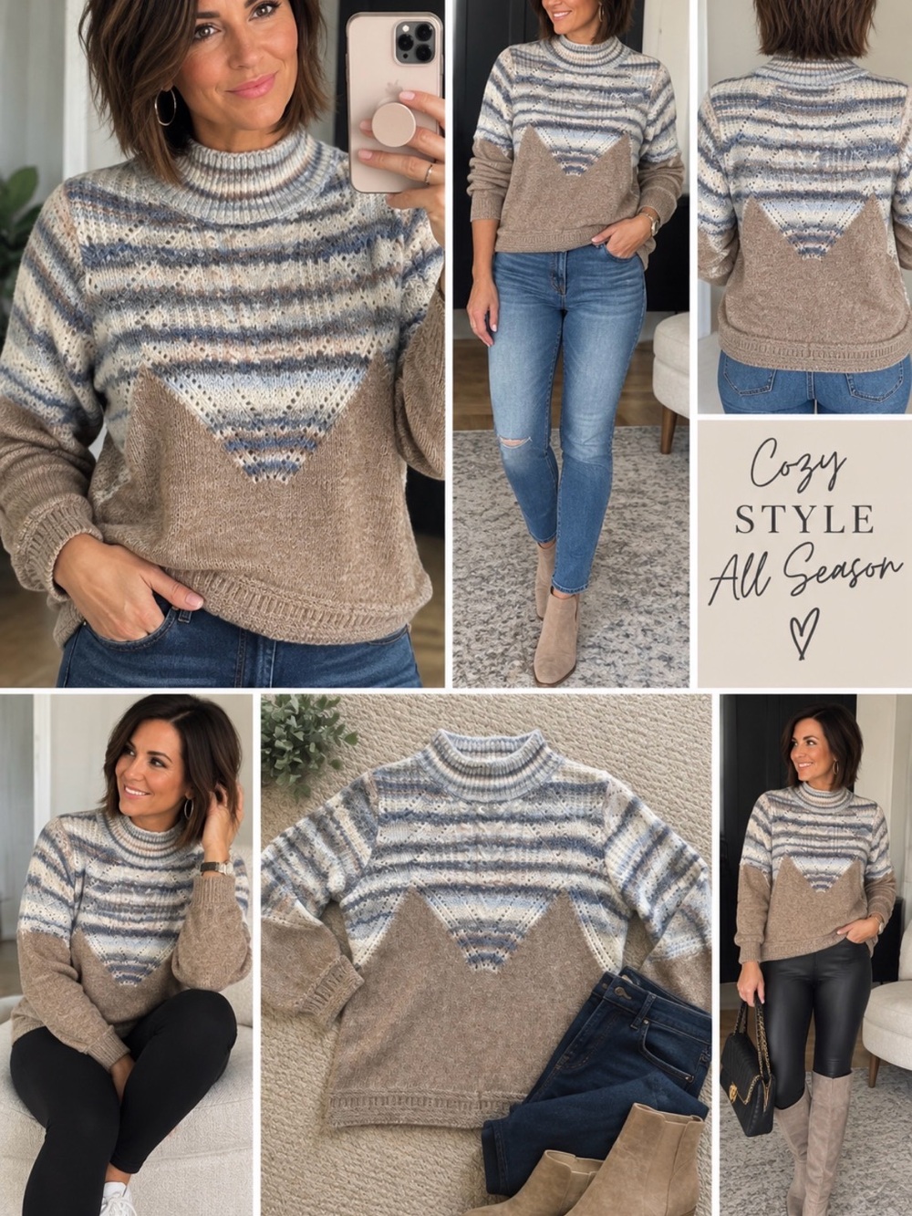Democracy Chevron Funnel Neck Sweater in Taupe, Gray, Cream